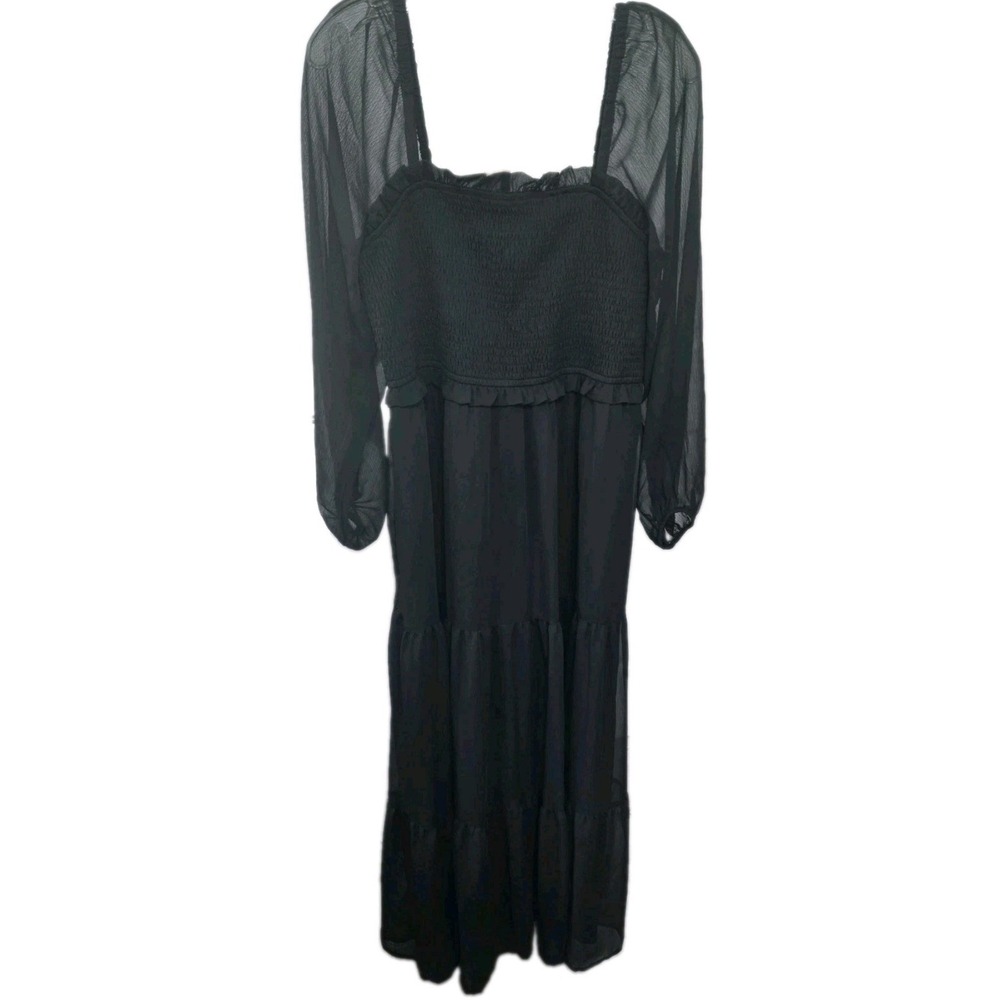 Express Black Smocked Tiered Midi Dress Sheer Long Sleeve Square Neck Large